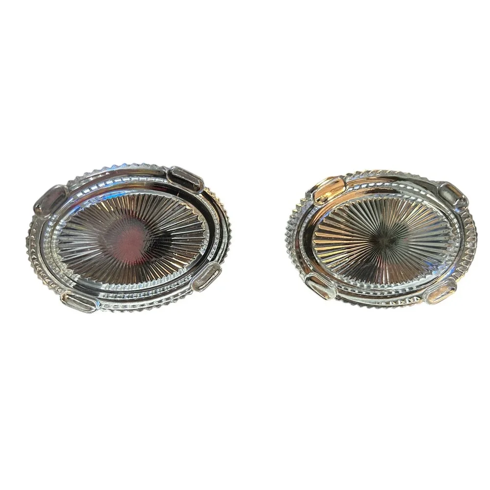 Vintage Art Deco Oval Glass Vanity Jars Set of 3 Brass Floral Embossed Lids